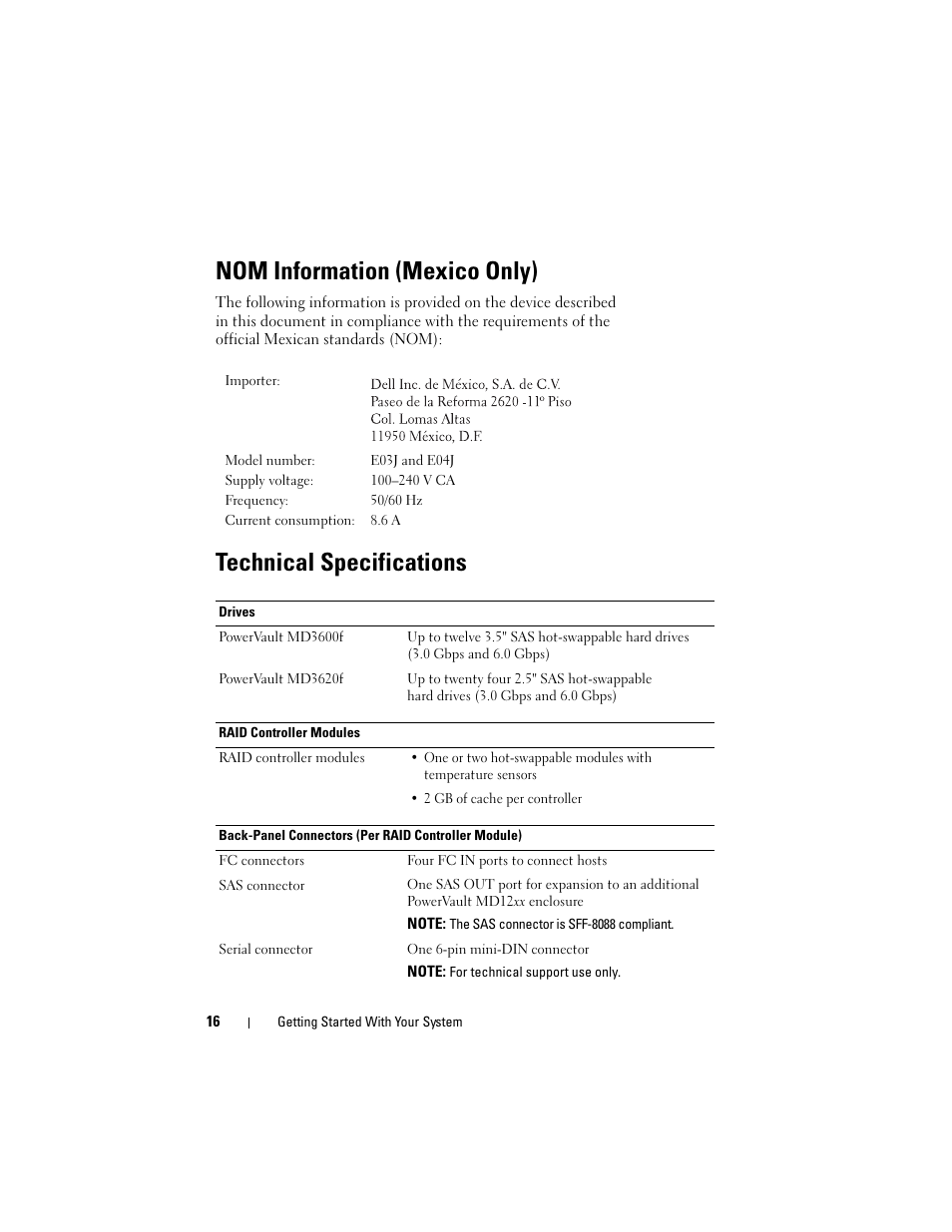 Nom information (mexico only), Technical specifications | Dell POWERVAULT MD3600F User Manual | Page 18 / 90