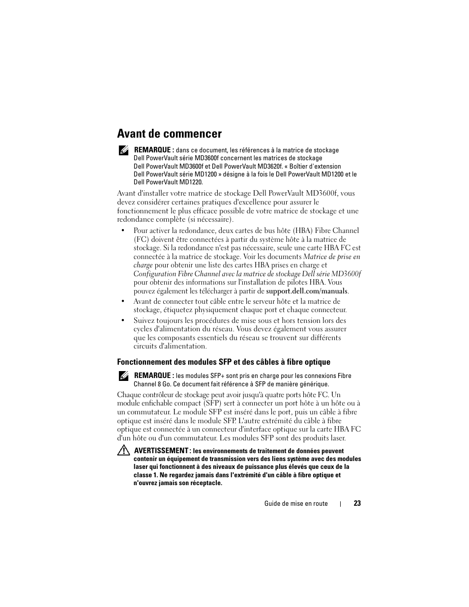 Avant de commencer | Dell POWERVAULT MD3600F User Manual | Page 25 / 90