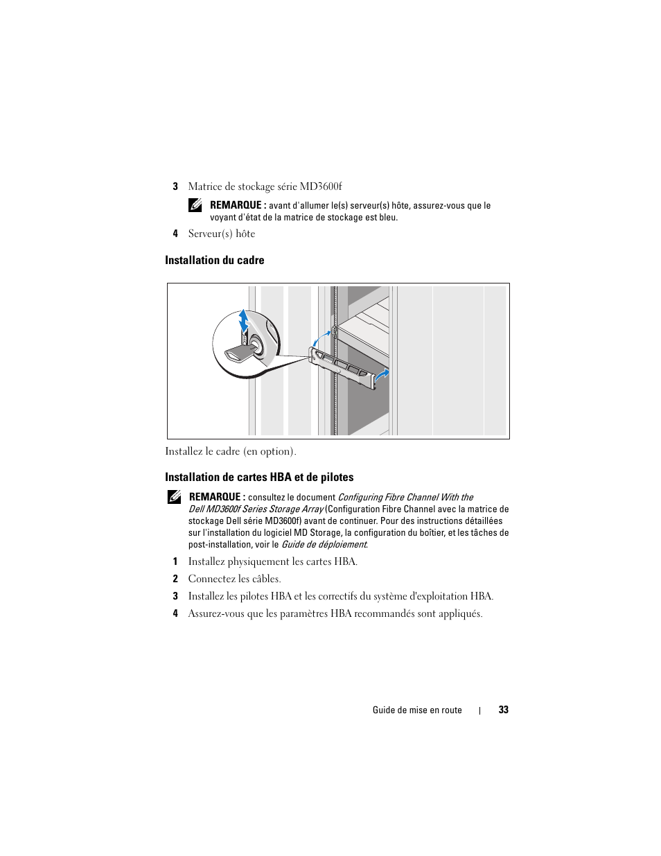 Installation du cadre, Installation de cartes hba et de pilotes | Dell POWERVAULT MD3600F User Manual | Page 35 / 90