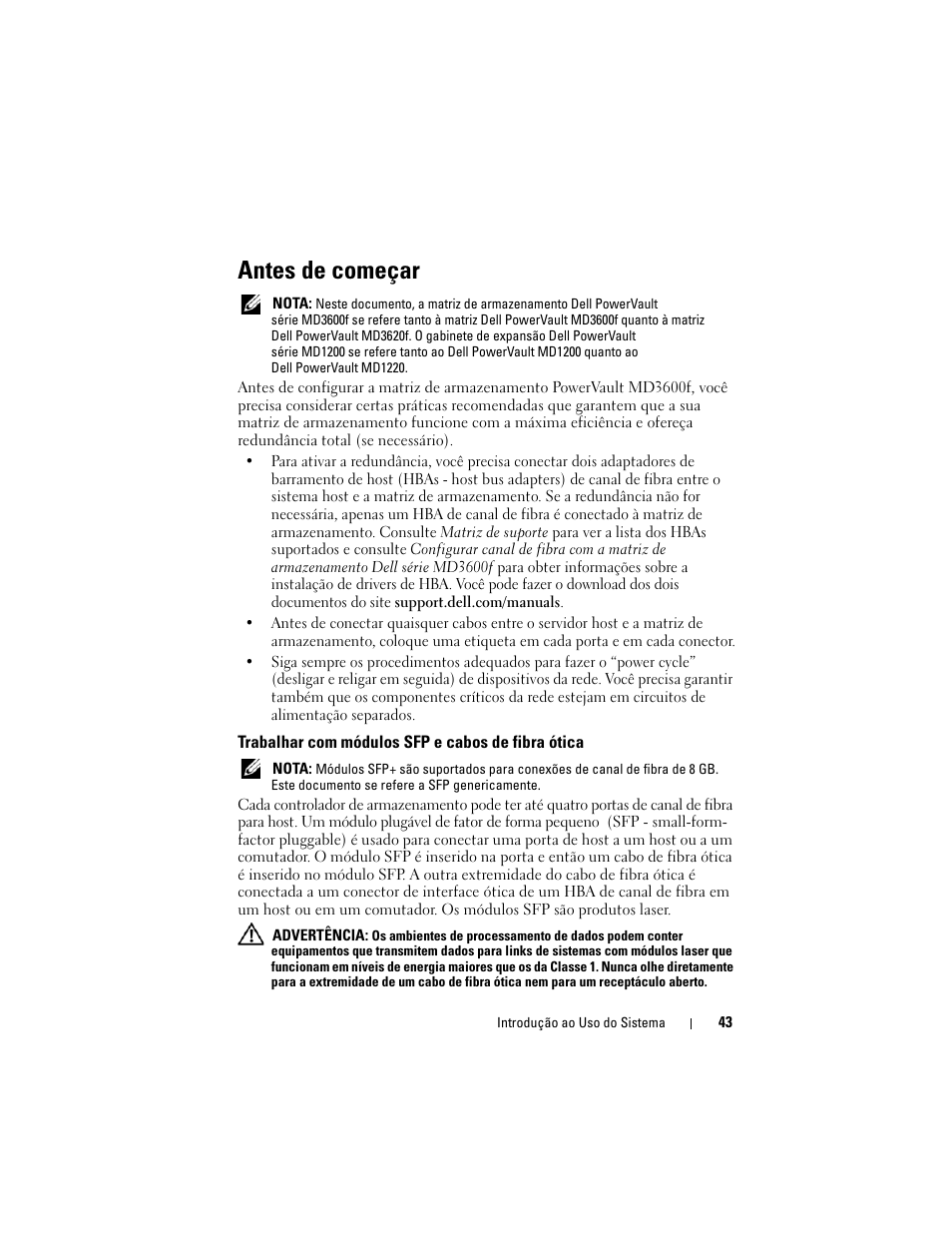 Antes de começar, Trabalhar com módulos sfp e cabos de fibra ótica | Dell POWERVAULT MD3600F User Manual | Page 45 / 90