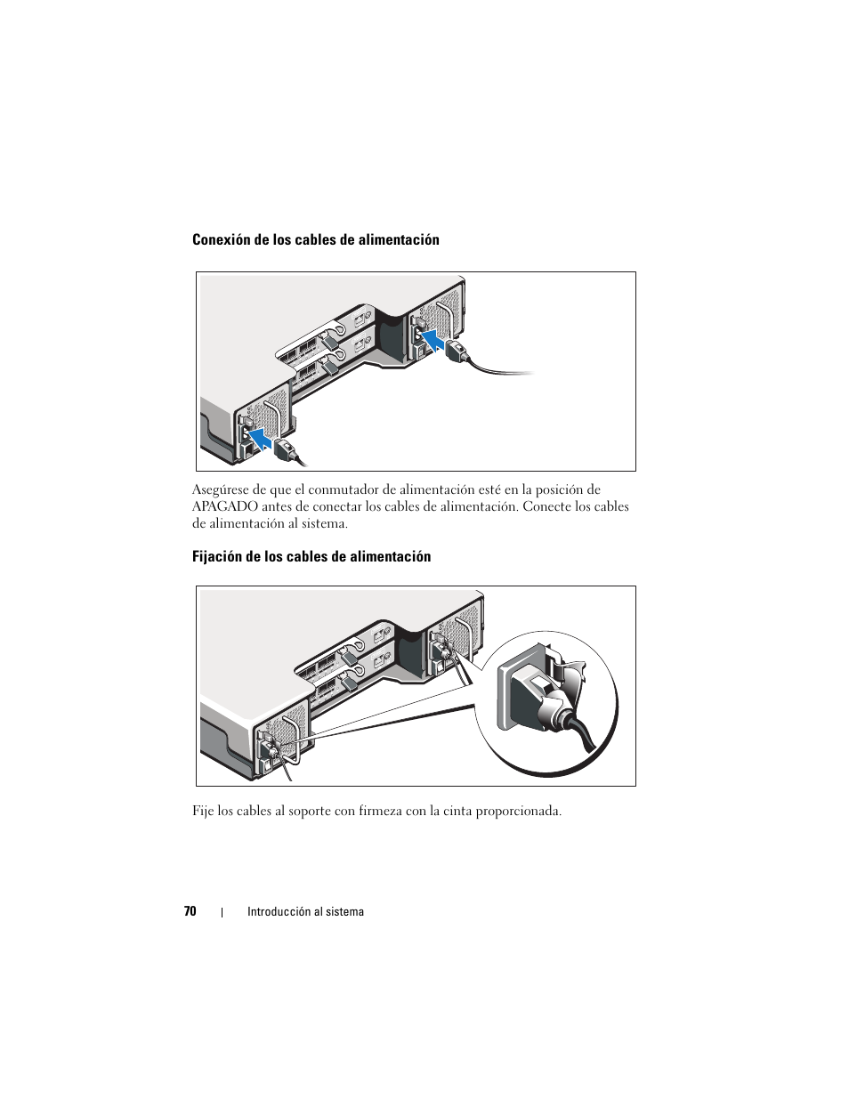 Conexión de los cables de alimentación, Fijación de los cables de alimentación | Dell POWERVAULT MD3600F User Manual | Page 72 / 90