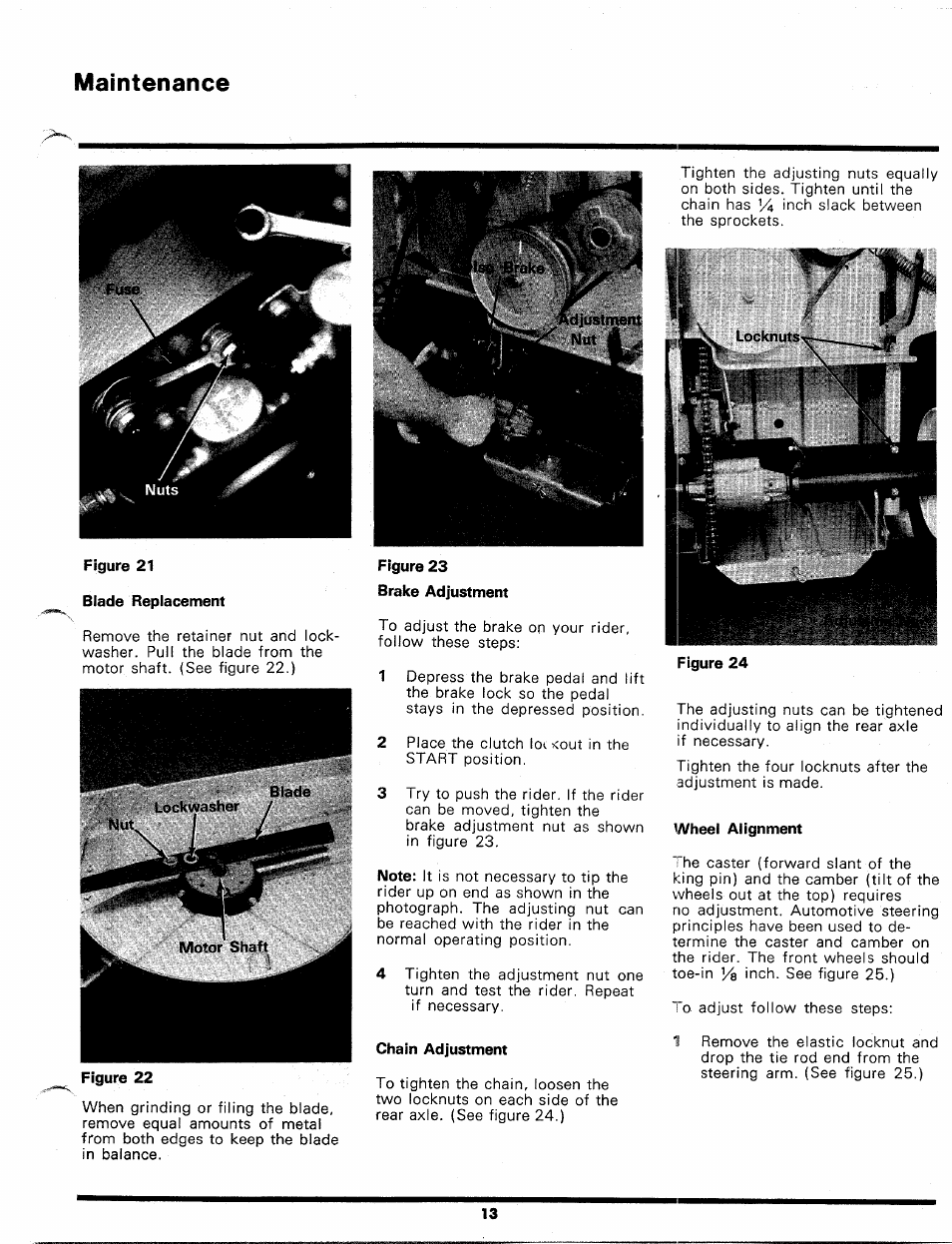 Figure 21, Blade replacement, Chain adjustment | Wheel alignment, Maintenance | Bolens 134-585A User Manual | Page 13 / 30