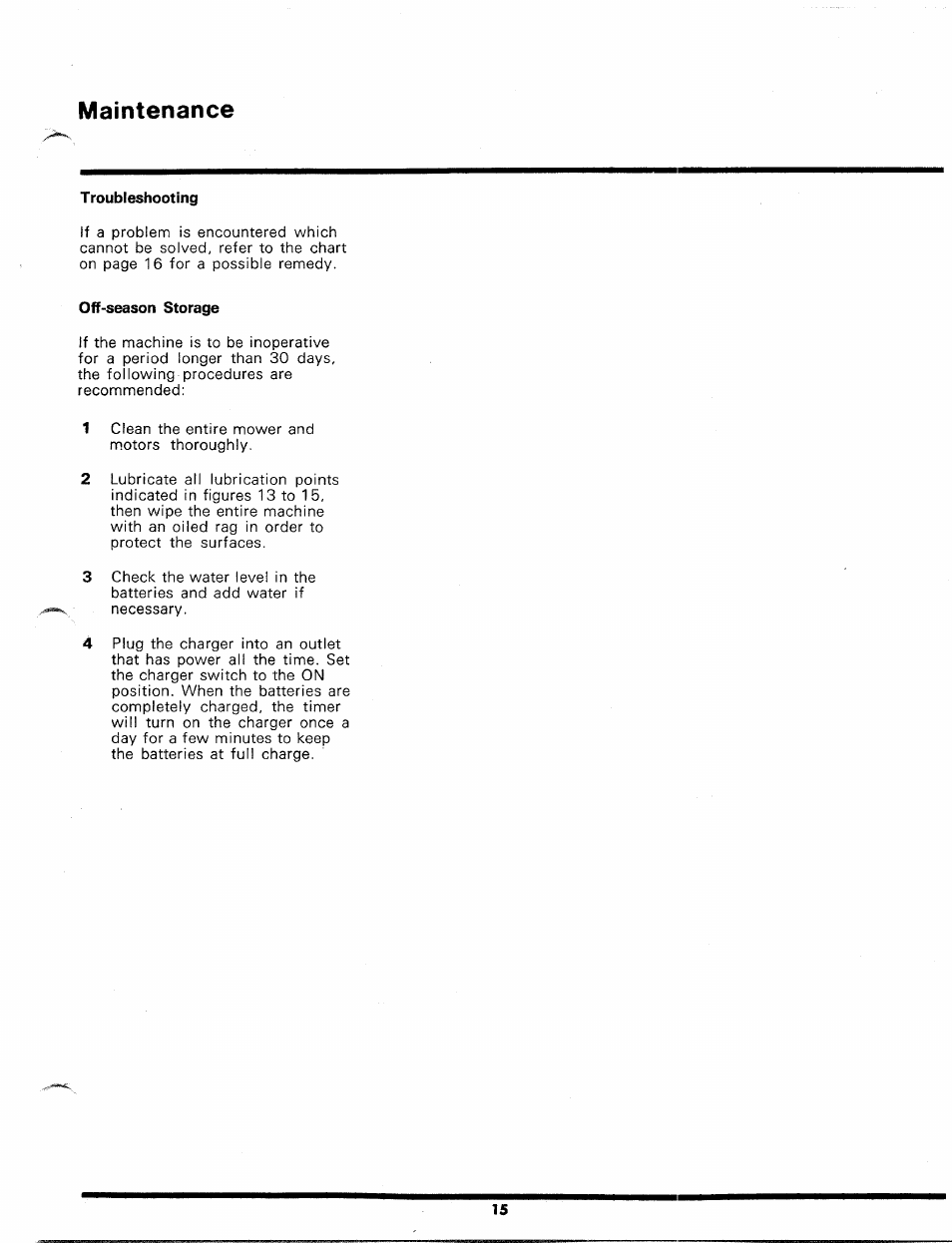 Troubleshooting, Off-season storage, Maintenance | Bolens 134-585A User Manual | Page 15 / 30