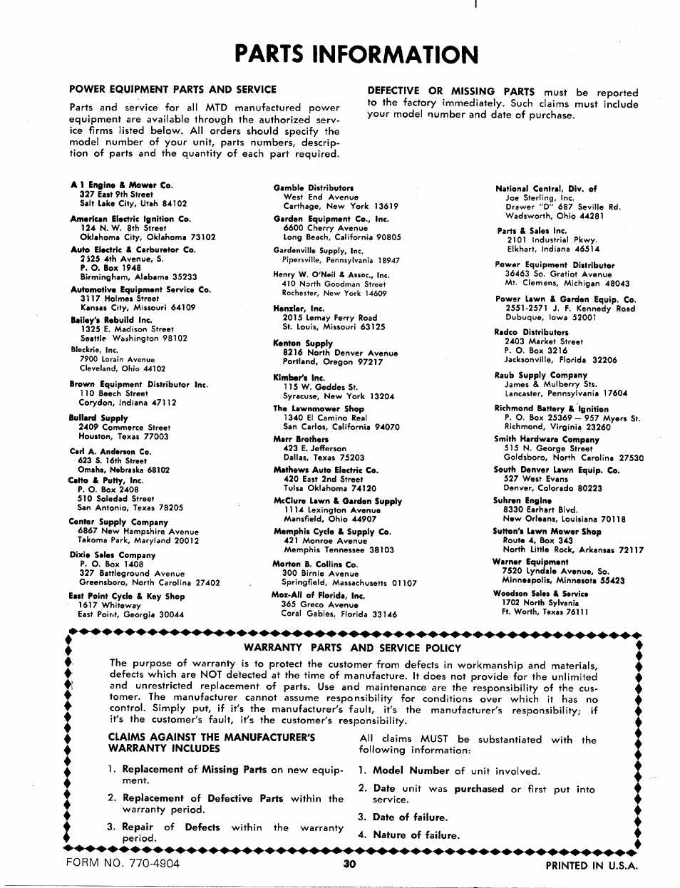 Power equipment parts and service, Warranty parts and service policy, Date of failure | Nature of failure, Parts information | Bolens 134-585A User Manual | Page 30 / 30