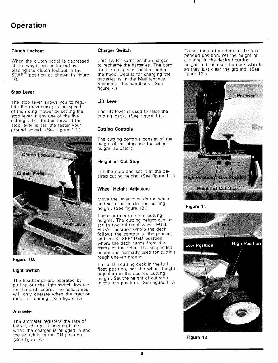 Clutch lockout, Stop lever, Light switch | Ammeter, Charger switch, Lift lever, Cutting controis, Wheei height adjusters, Operation | Bolens 134-585A User Manual | Page 8 / 30