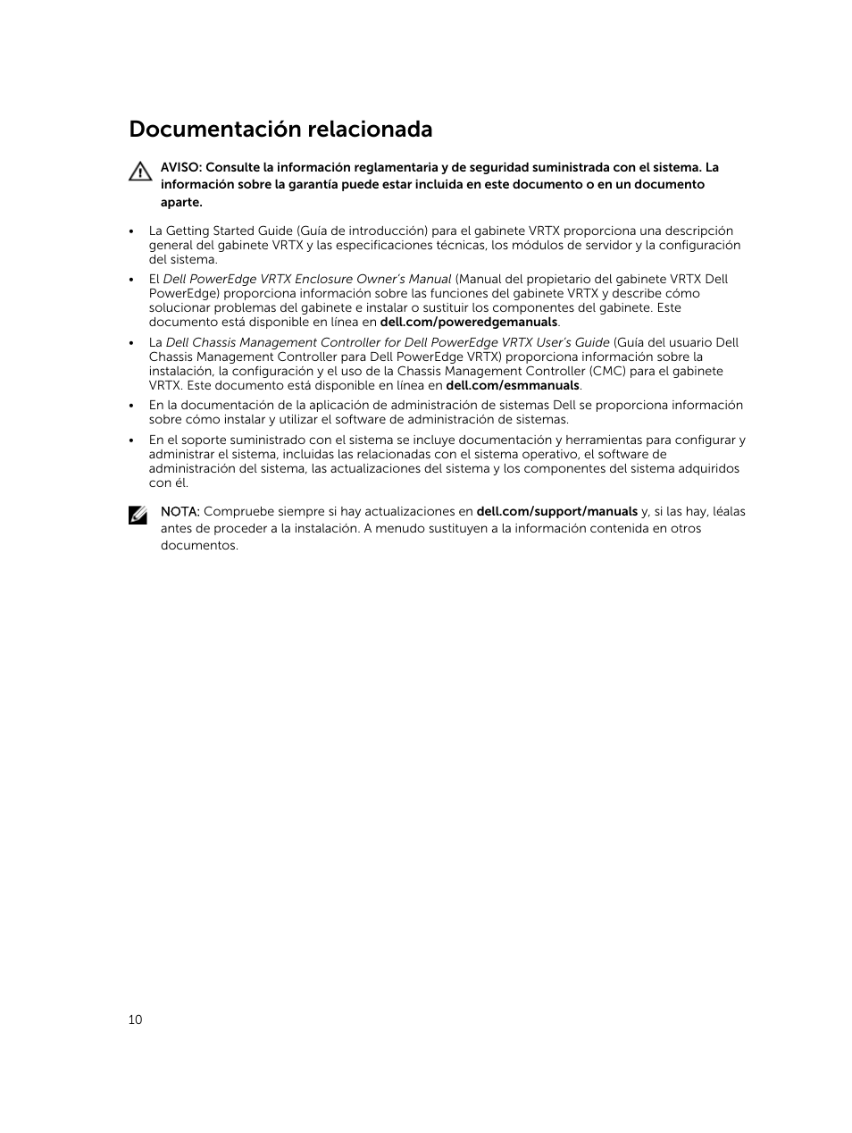 Documentación relacionada | Dell PowerEdge VRTX User Manual | Page 10 / 191