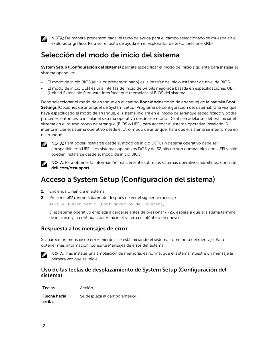 Selección del modo de inicio del sistema, Acceso a system setup (configuración del sistema), Respuesta a los mensajes de error | Dell PowerEdge VRTX User Manual | Page 12 / 191