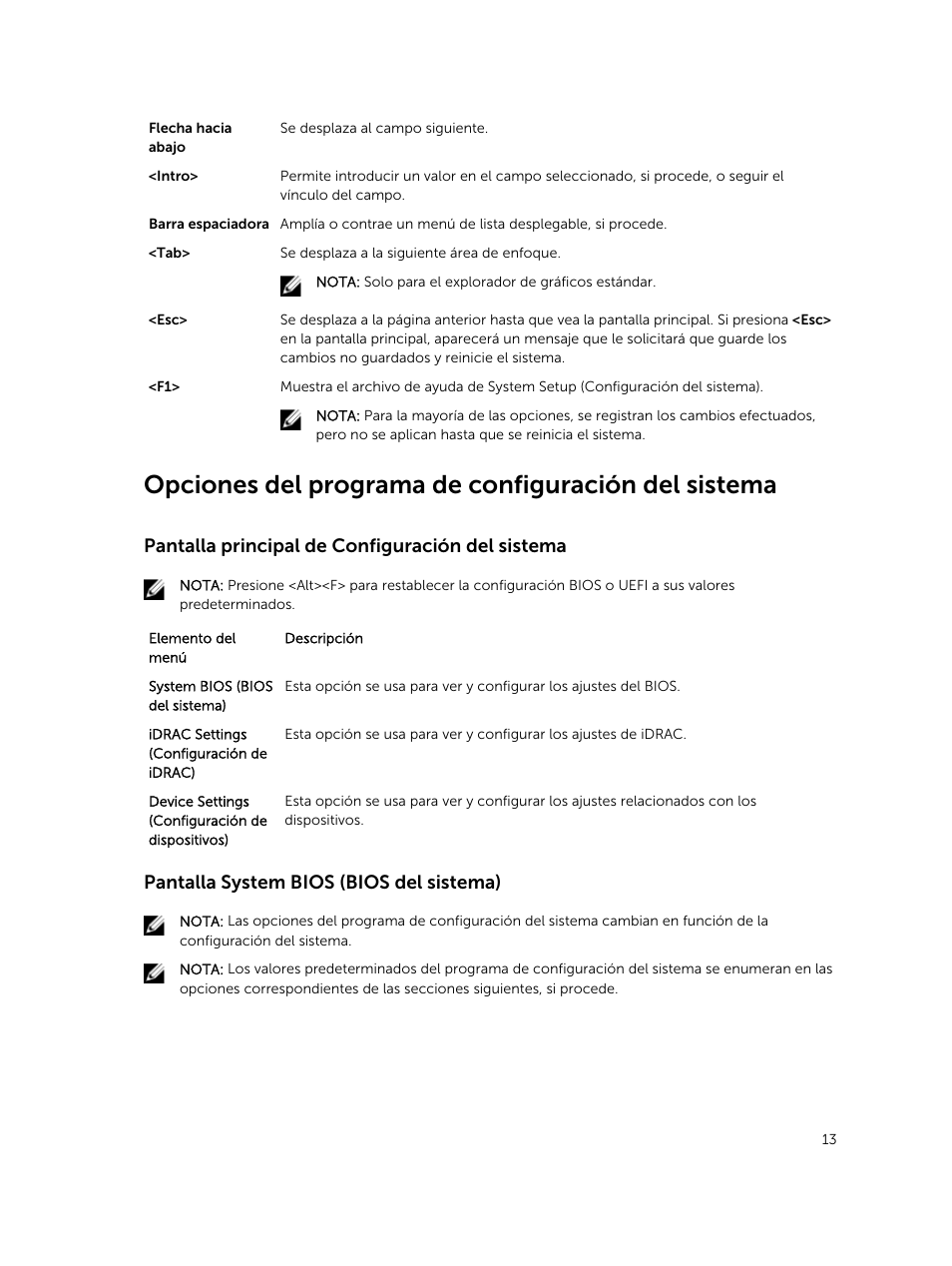 Opciones del programa de configuración del sistema, Pantalla principal de configuración del sistema, Pantalla system bios (bios del sistema) | Dell PowerEdge VRTX User Manual | Page 13 / 191