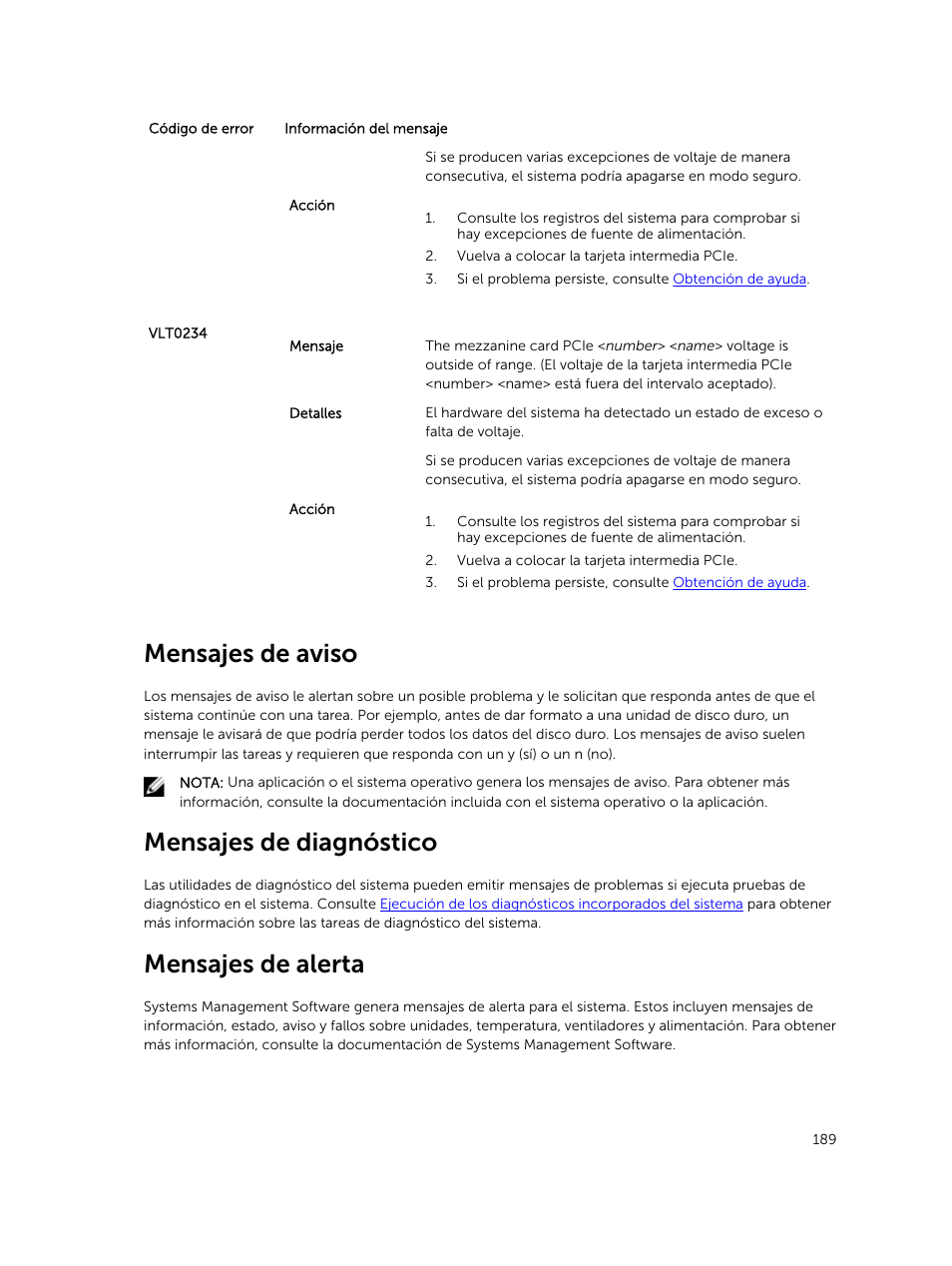 Mensajes de aviso, Mensajes de diagnóstico, Mensajes de alerta | Dell PowerEdge VRTX User Manual | Page 189 / 191