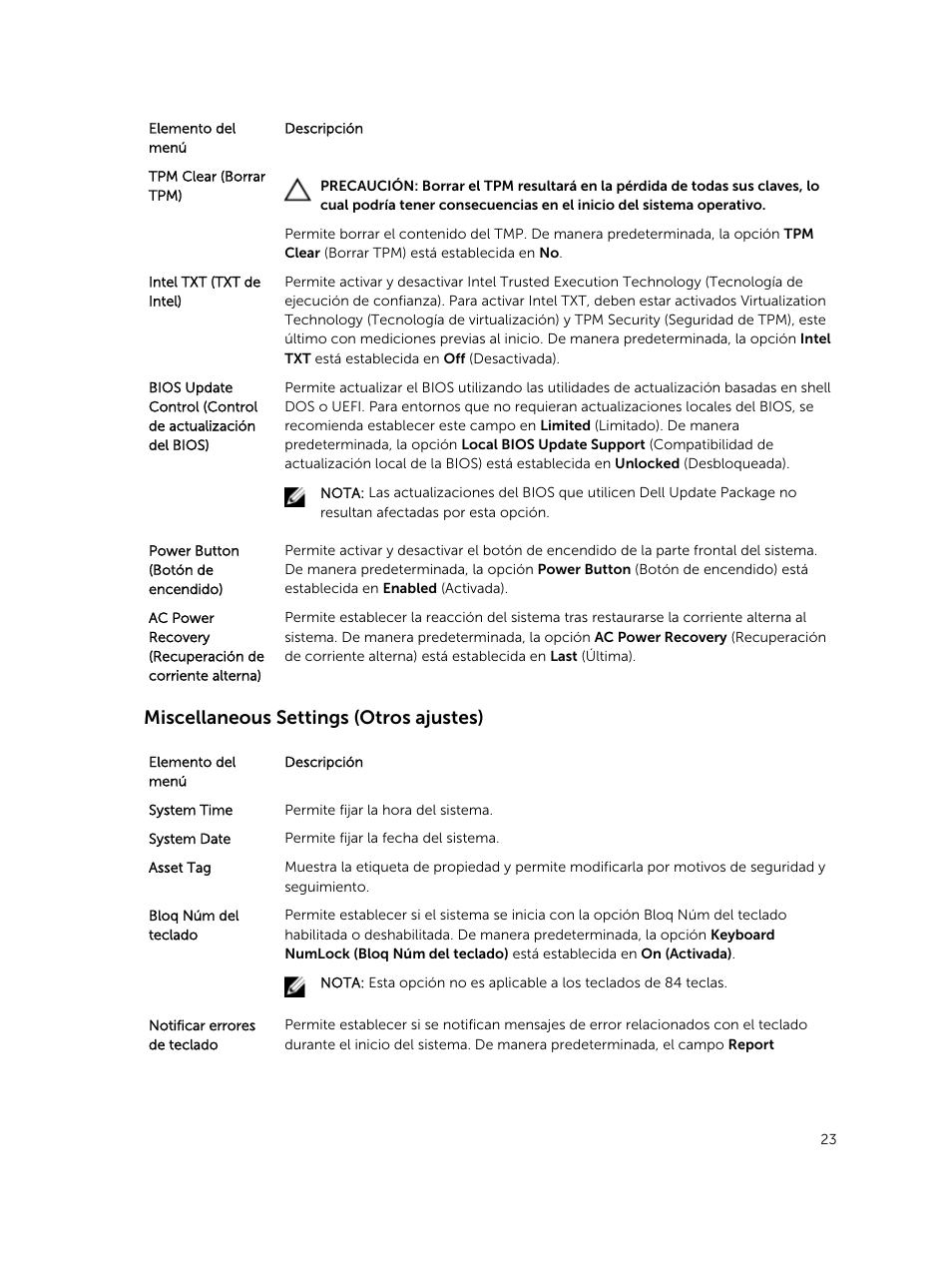Miscellaneous settings (otros ajustes) | Dell PowerEdge VRTX User Manual | Page 23 / 191