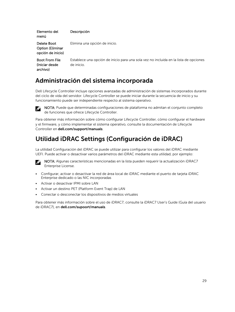 Administración del sistema incorporada, Utilidad idrac settings (configuración de idrac) | Dell PowerEdge VRTX User Manual | Page 29 / 191