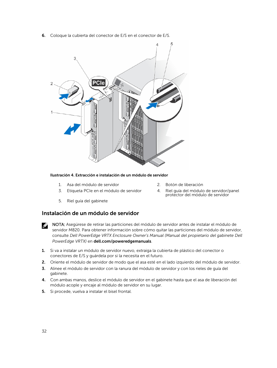 Instalación de un módulo de servidor | Dell PowerEdge VRTX User Manual | Page 32 / 191