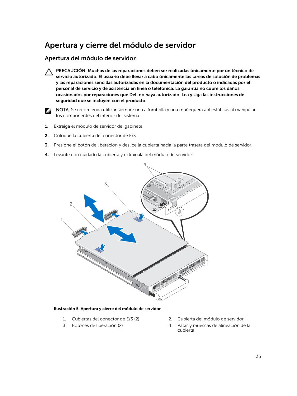Apertura y cierre del módulo de servidor, Apertura del módulo de servidor | Dell PowerEdge VRTX User Manual | Page 33 / 191