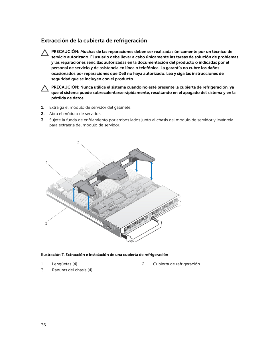 Extracción de la cubierta de refrigeración | Dell PowerEdge VRTX User Manual | Page 36 / 191