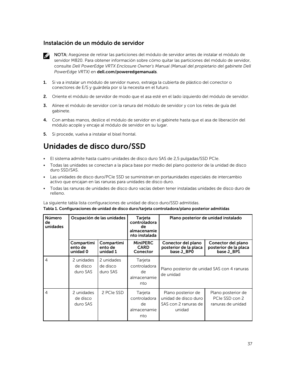 Instalación de un módulo de servidor, Unidades de disco duro/ssd | Dell PowerEdge VRTX User Manual | Page 37 / 191