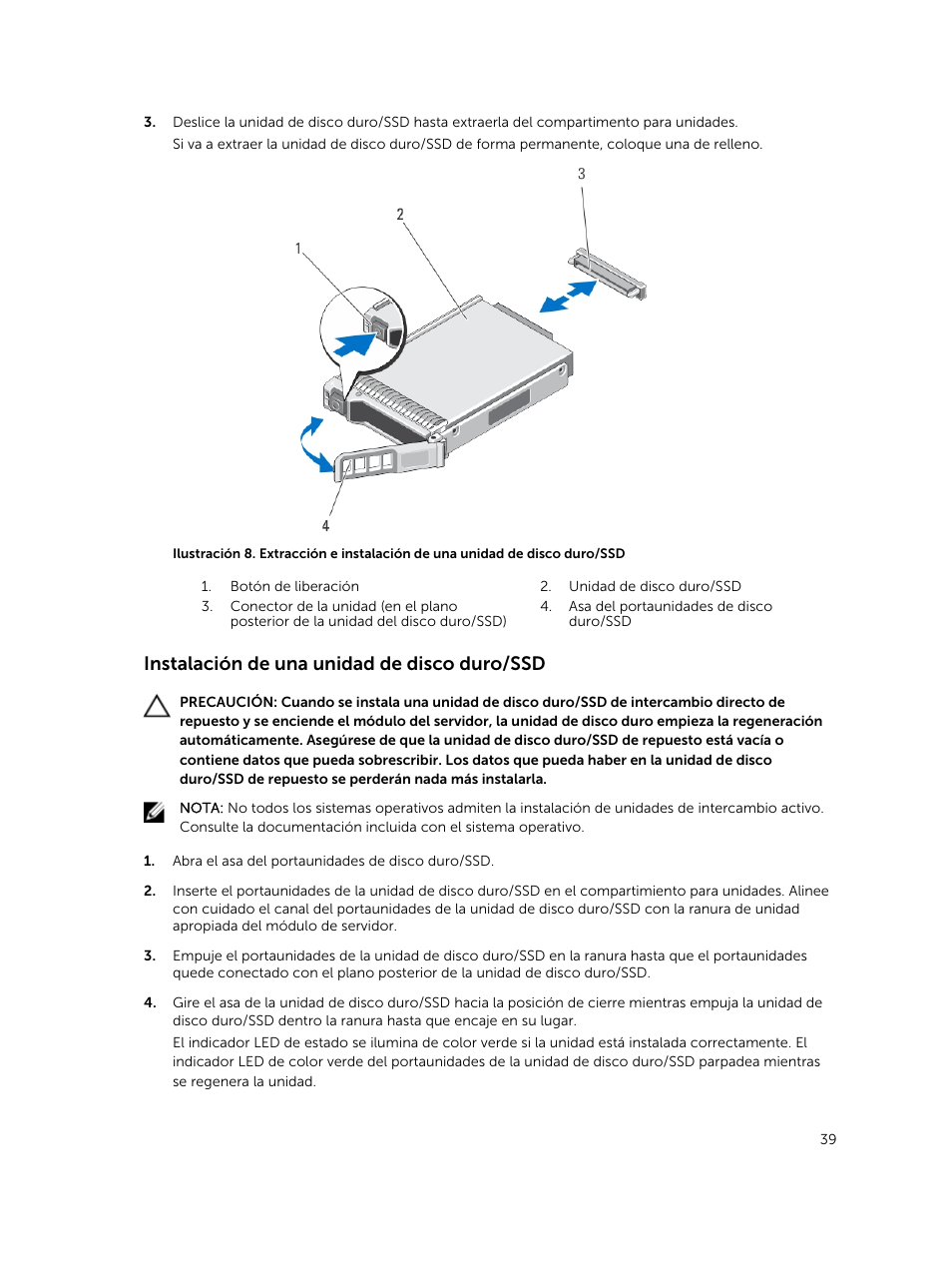 Instalación de una unidad de disco duro/ssd | Dell PowerEdge VRTX User Manual | Page 39 / 191