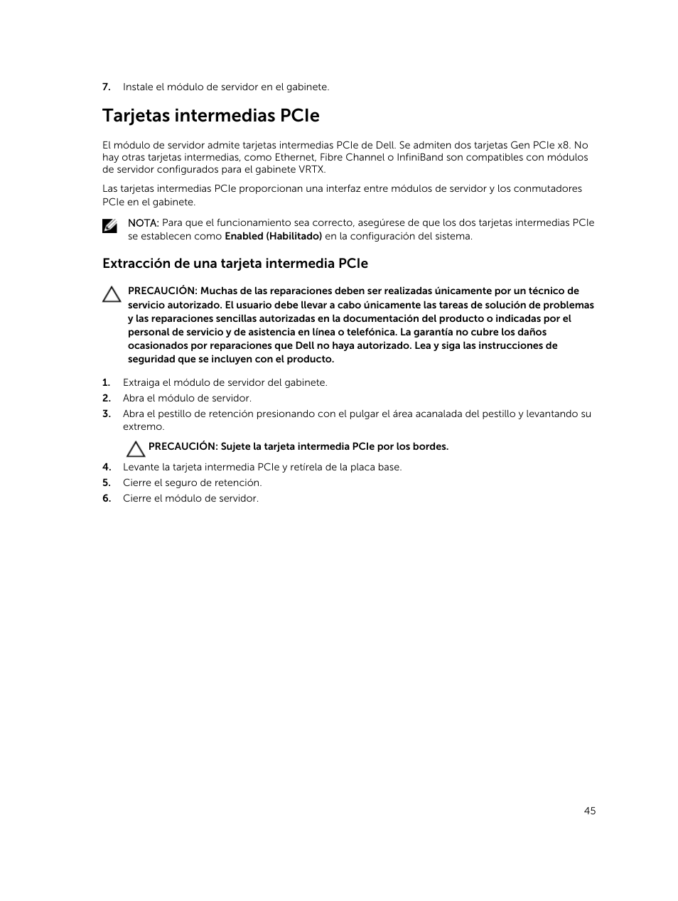 Tarjetas intermedias pcie, Extracción de una tarjeta intermedia pcie | Dell PowerEdge VRTX User Manual | Page 45 / 191