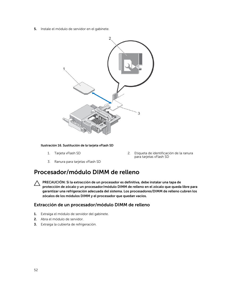 Procesador/módulo dimm de relleno, Extracción de un procesador/módulo dimm de relleno | Dell PowerEdge VRTX User Manual | Page 52 / 191