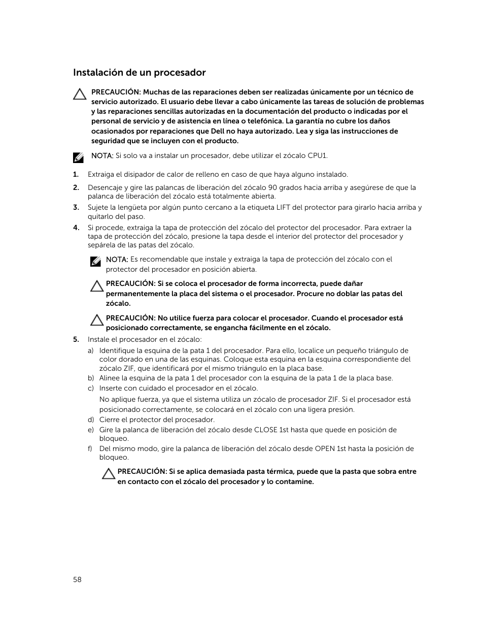 Instalación de un procesador | Dell PowerEdge VRTX User Manual | Page 58 / 191