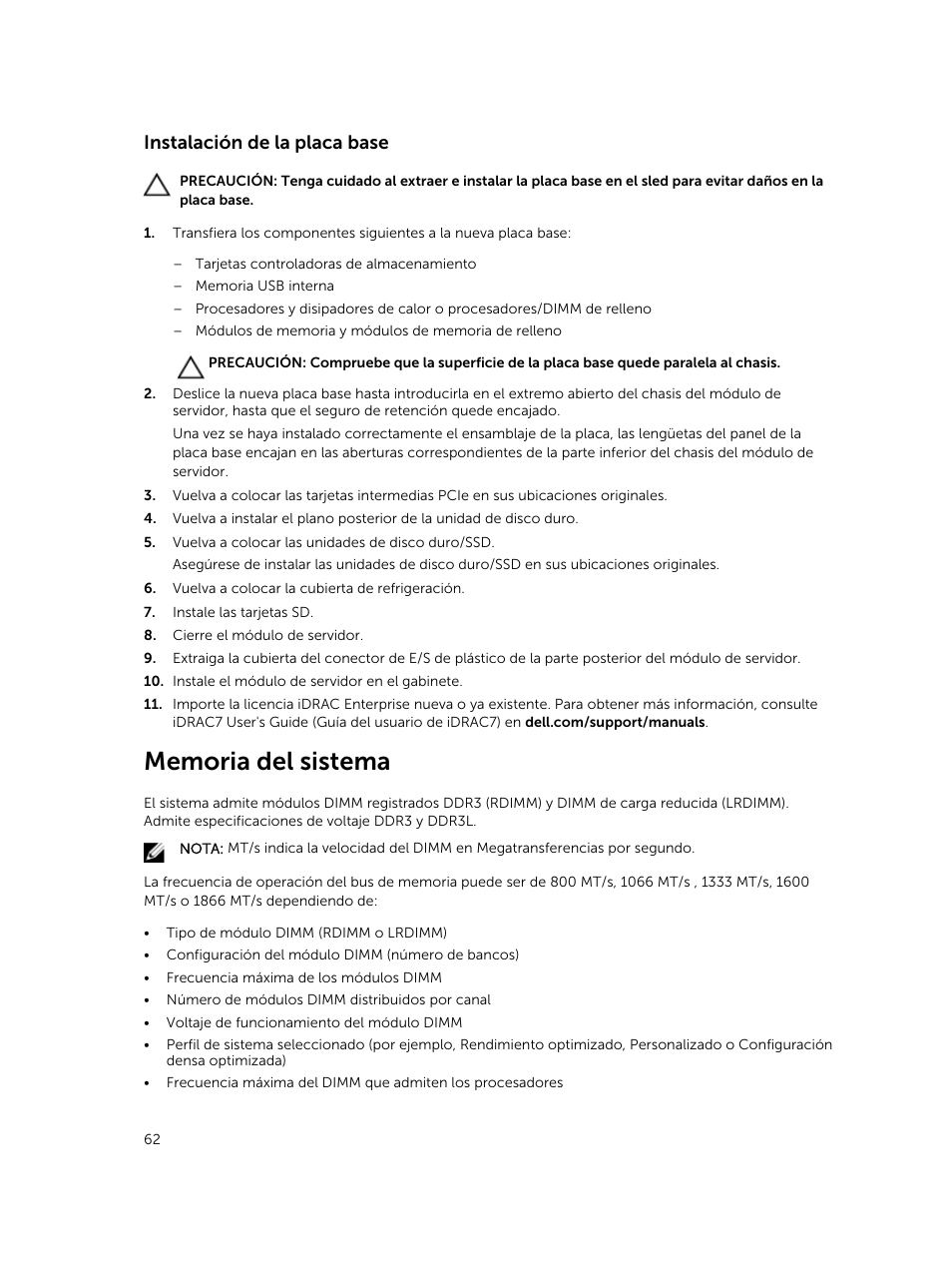 Instalación de la placa base, Memoria del sistema | Dell PowerEdge VRTX User Manual | Page 62 / 191