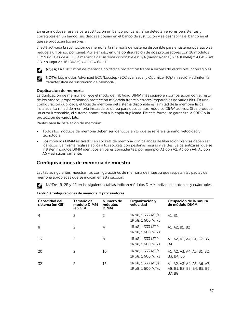 Configuraciones de memoria de muestra | Dell PowerEdge VRTX User Manual | Page 67 / 191