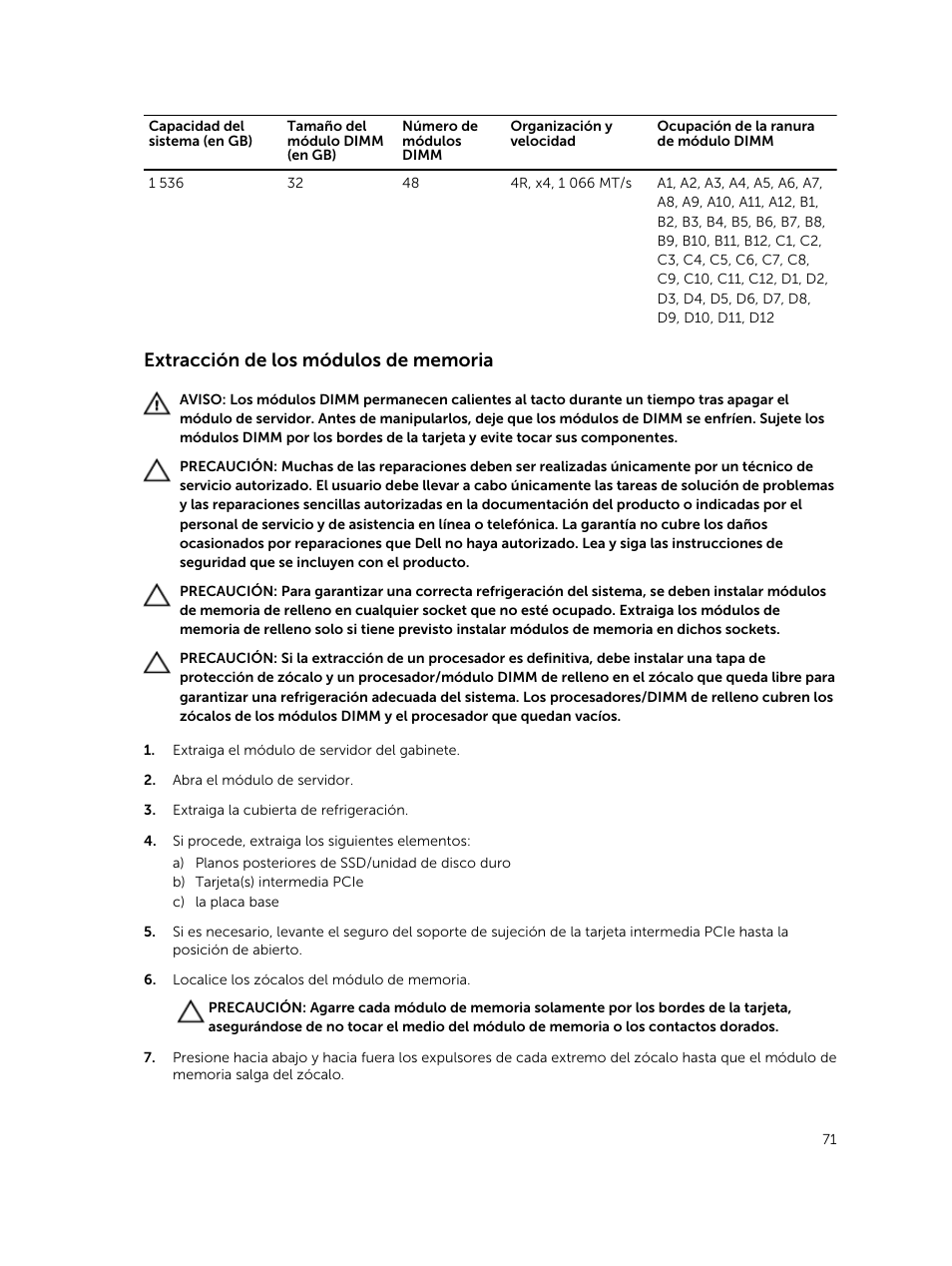 Extracción de los módulos de memoria | Dell PowerEdge VRTX User Manual | Page 71 / 191