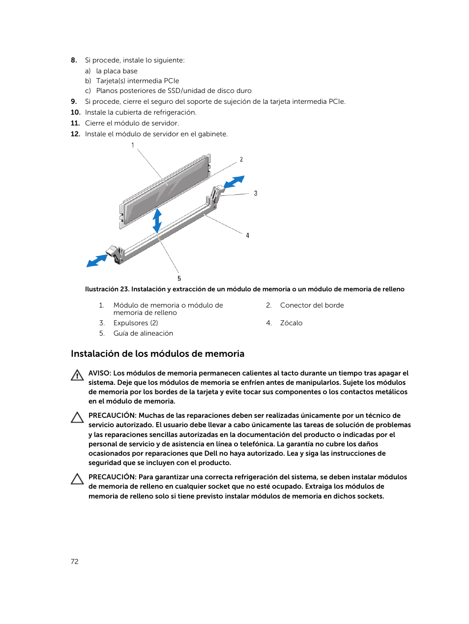 Instalación de los módulos de memoria | Dell PowerEdge VRTX User Manual | Page 72 / 191