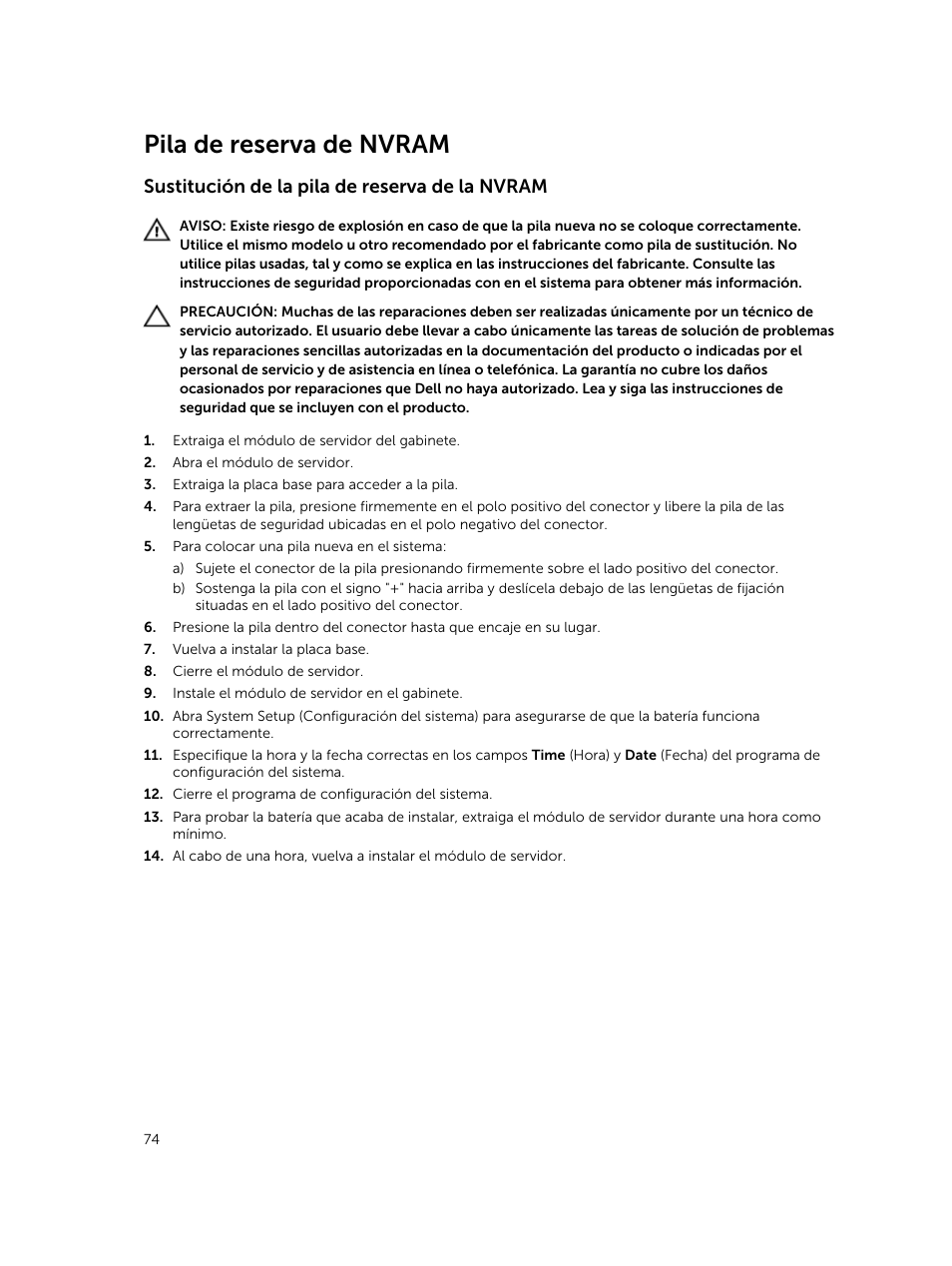 Pila de reserva de nvram, Sustitución de la pila de reserva de la nvram | Dell PowerEdge VRTX User Manual | Page 74 / 191