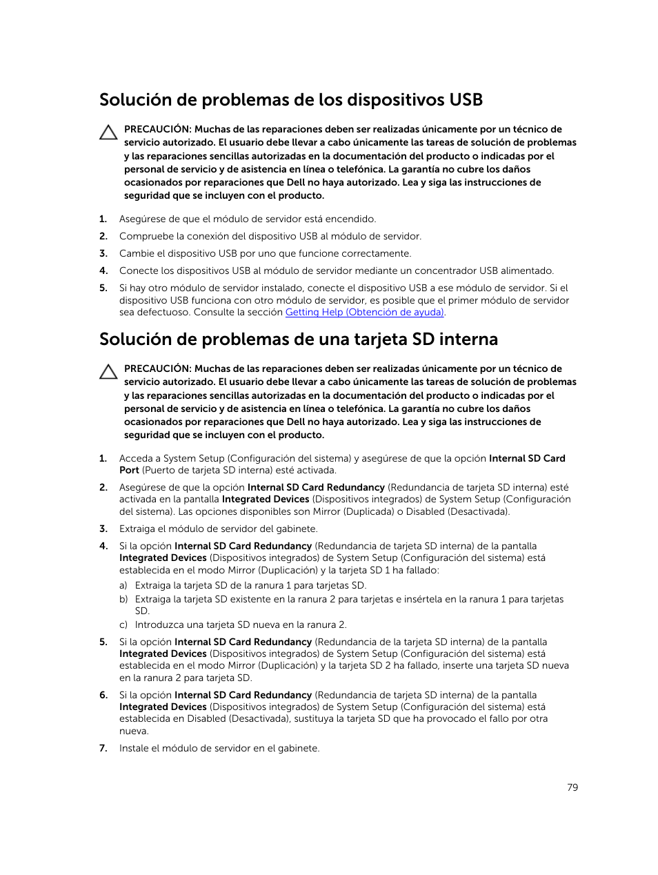 Solución de problemas de los dispositivos usb, Solución de problemas de una tarjeta sd interna | Dell PowerEdge VRTX User Manual | Page 79 / 191