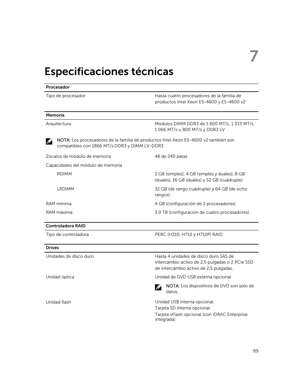 Especificaciones técnicas, 7 especificaciones técnicas | Dell PowerEdge VRTX User Manual | Page 89 / 191