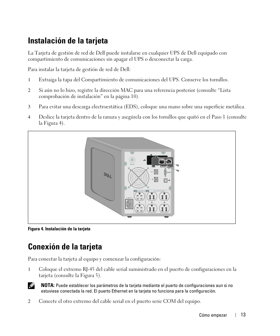 Instalación de la tarjeta, Conexión de la tarjeta | Dell UPS 1920R User Manual | Page 13 / 90