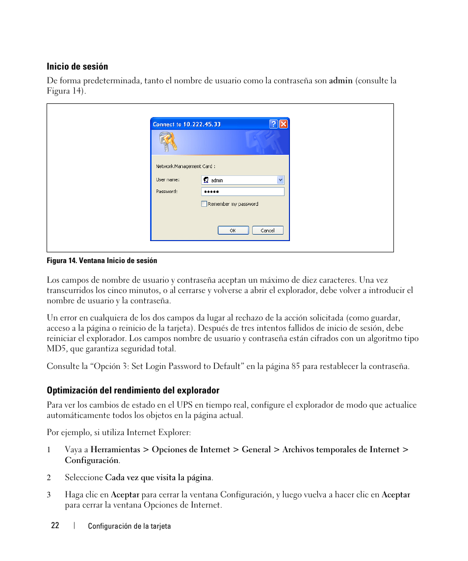 Inicio de sesión, Optimización del rendimiento del explorador | Dell UPS 1920R User Manual | Page 22 / 90