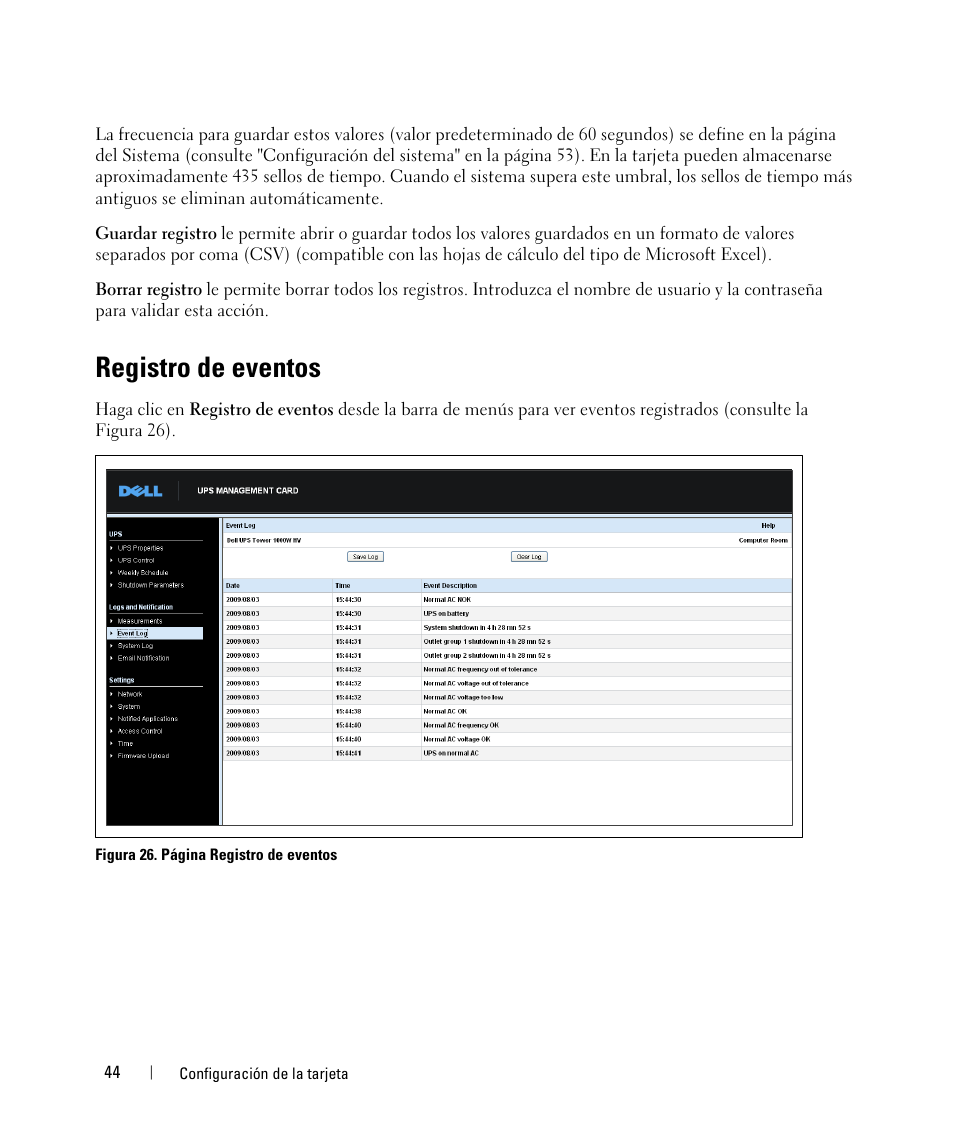 Registro de eventos | Dell UPS 1920R User Manual | Page 44 / 90