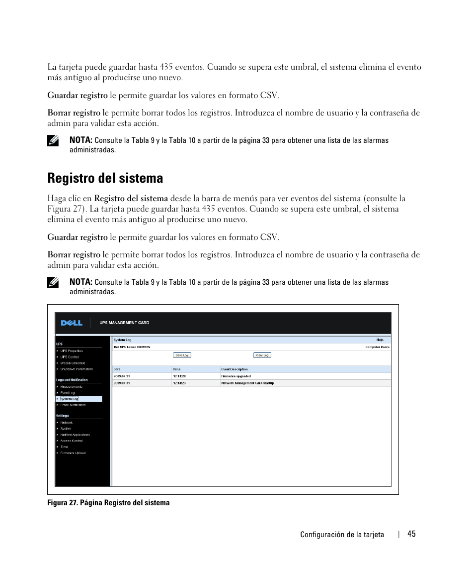 Registro del sistema | Dell UPS 1920R User Manual | Page 45 / 90