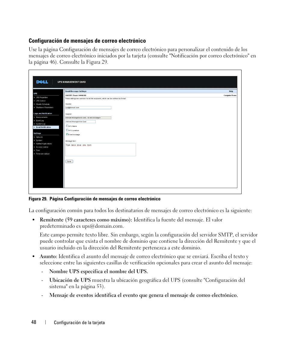 Configuración de mensajes de correo electrónico | Dell UPS 1920R User Manual | Page 48 / 90