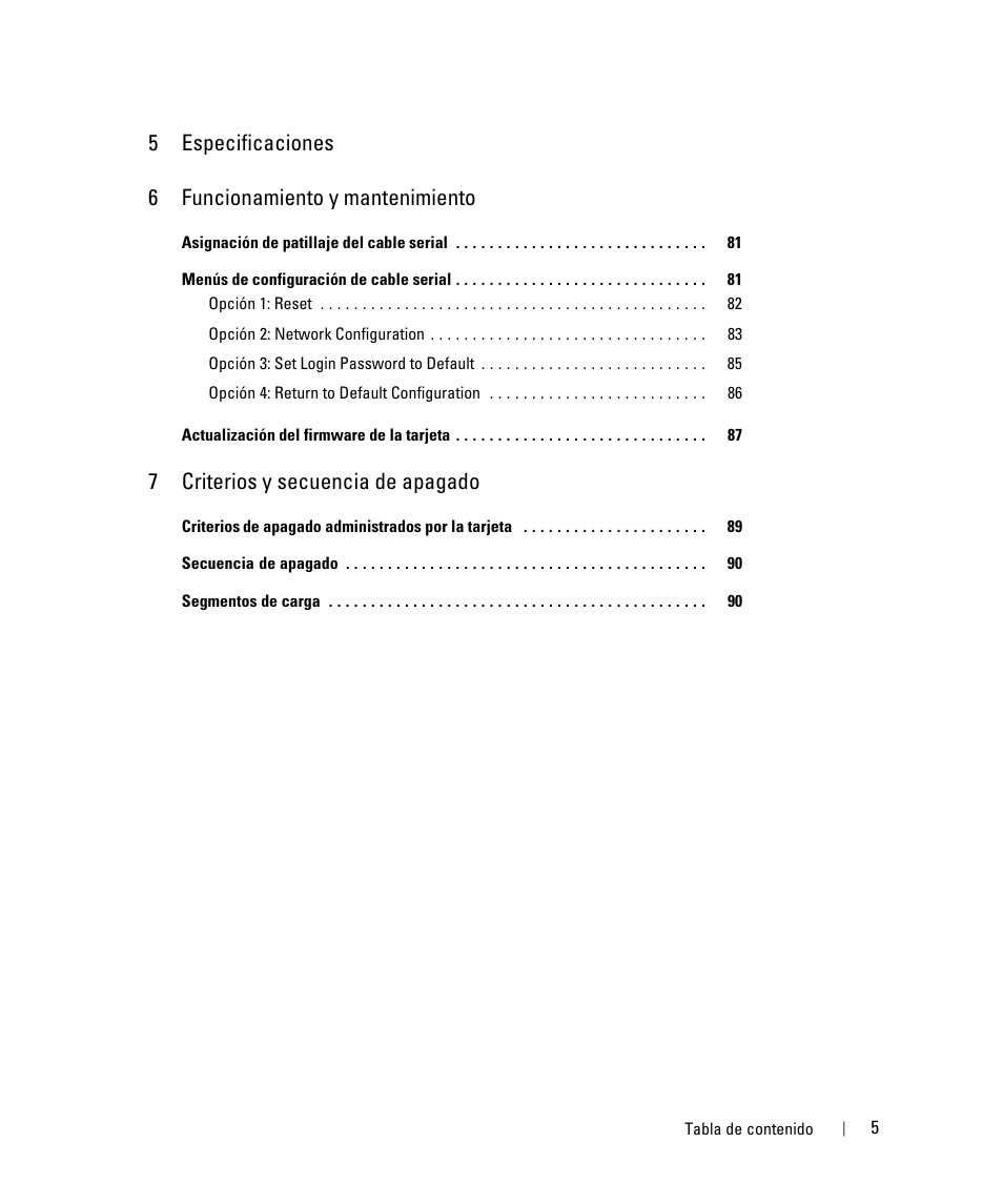 5especificaciones 6 funcionamiento y mantenimiento, 7criterios y secuencia de apagado | Dell UPS 1920R User Manual | Page 5 / 90