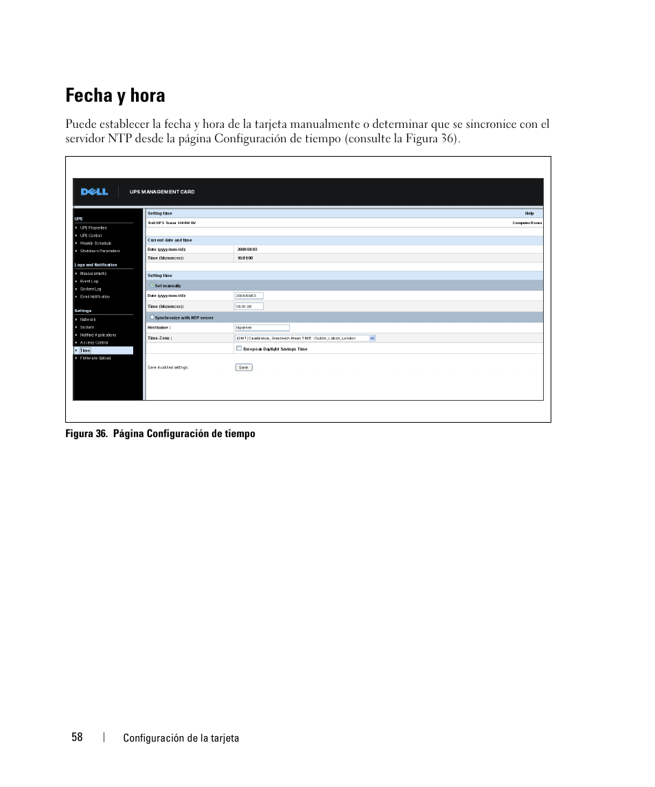 Fecha y hora | Dell UPS 1920R User Manual | Page 58 / 90