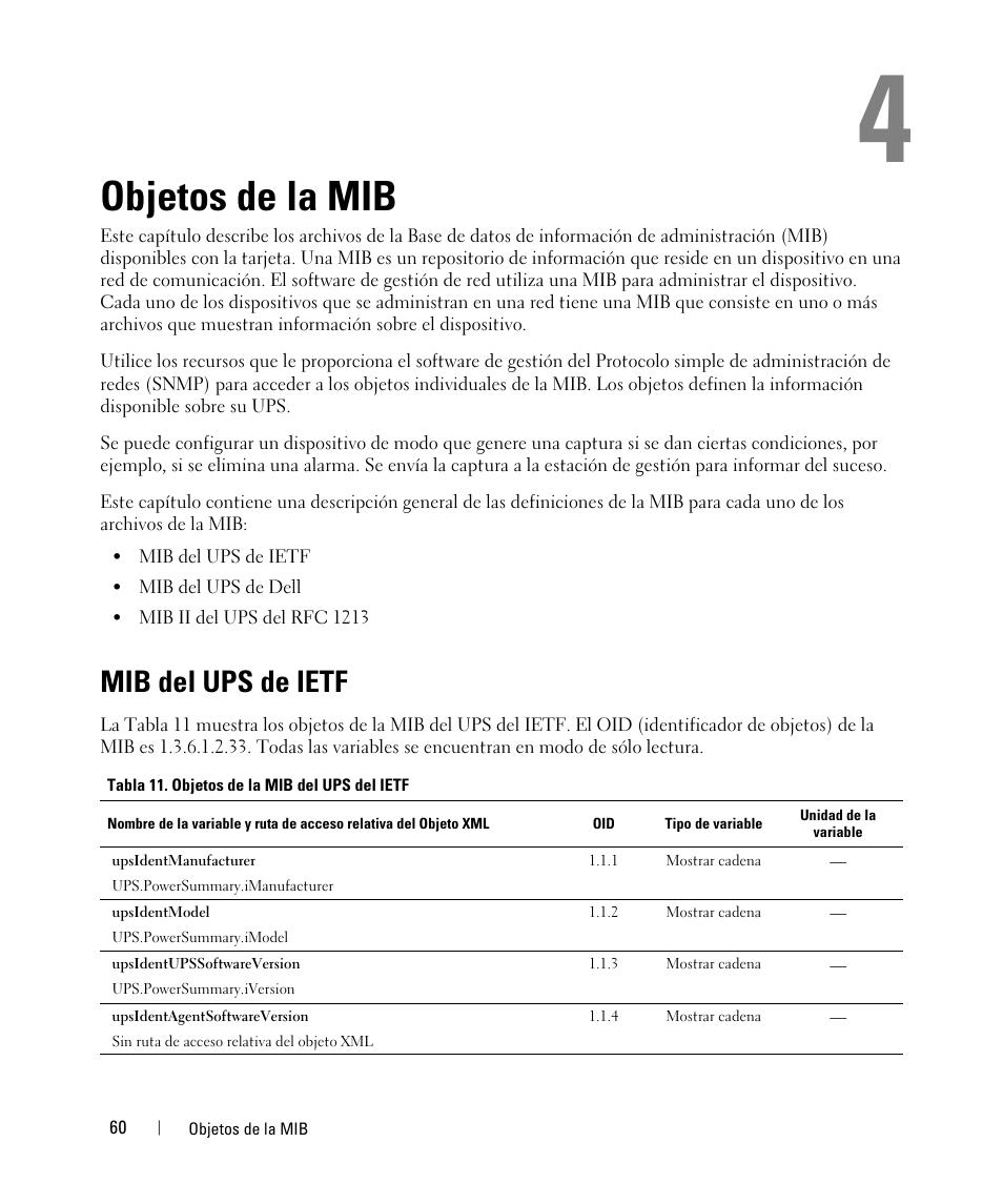Objetos de la mib, Mib del ups de ietf | Dell UPS 1920R User Manual | Page 60 / 90