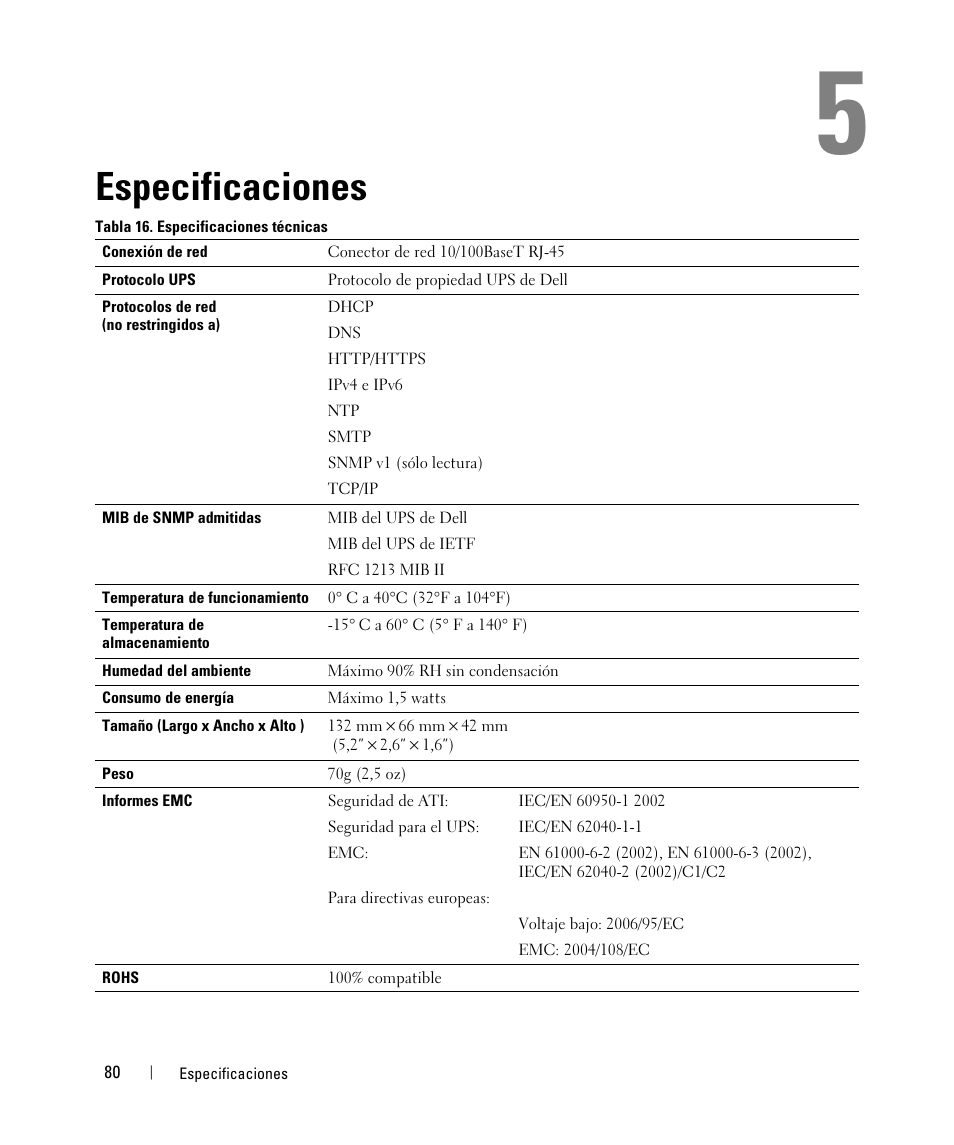 Especificaciones | Dell UPS 1920R User Manual | Page 80 / 90