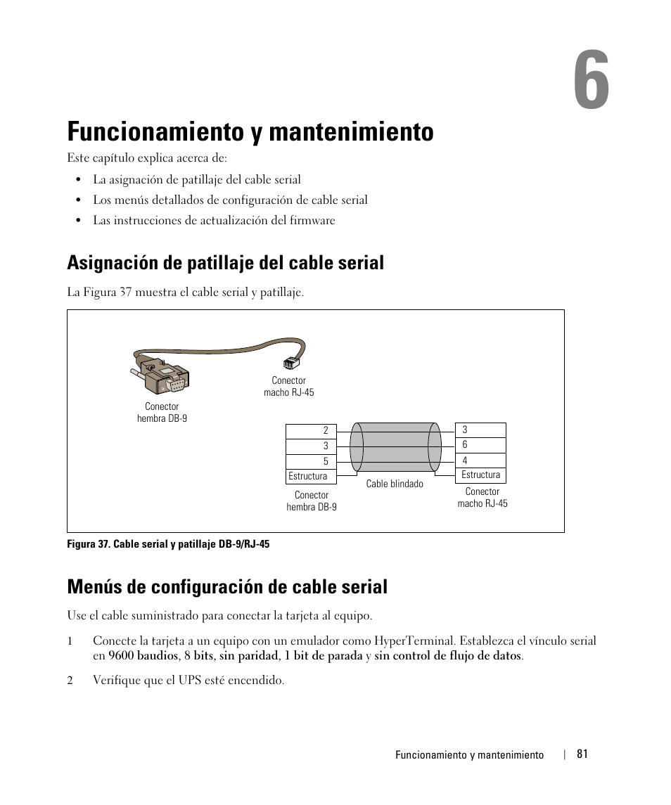 Funcionamiento y mantenimiento, Asignación de patillaje del cable serial, Menús de configuración de cable serial | Dell UPS 1920R User Manual | Page 81 / 90