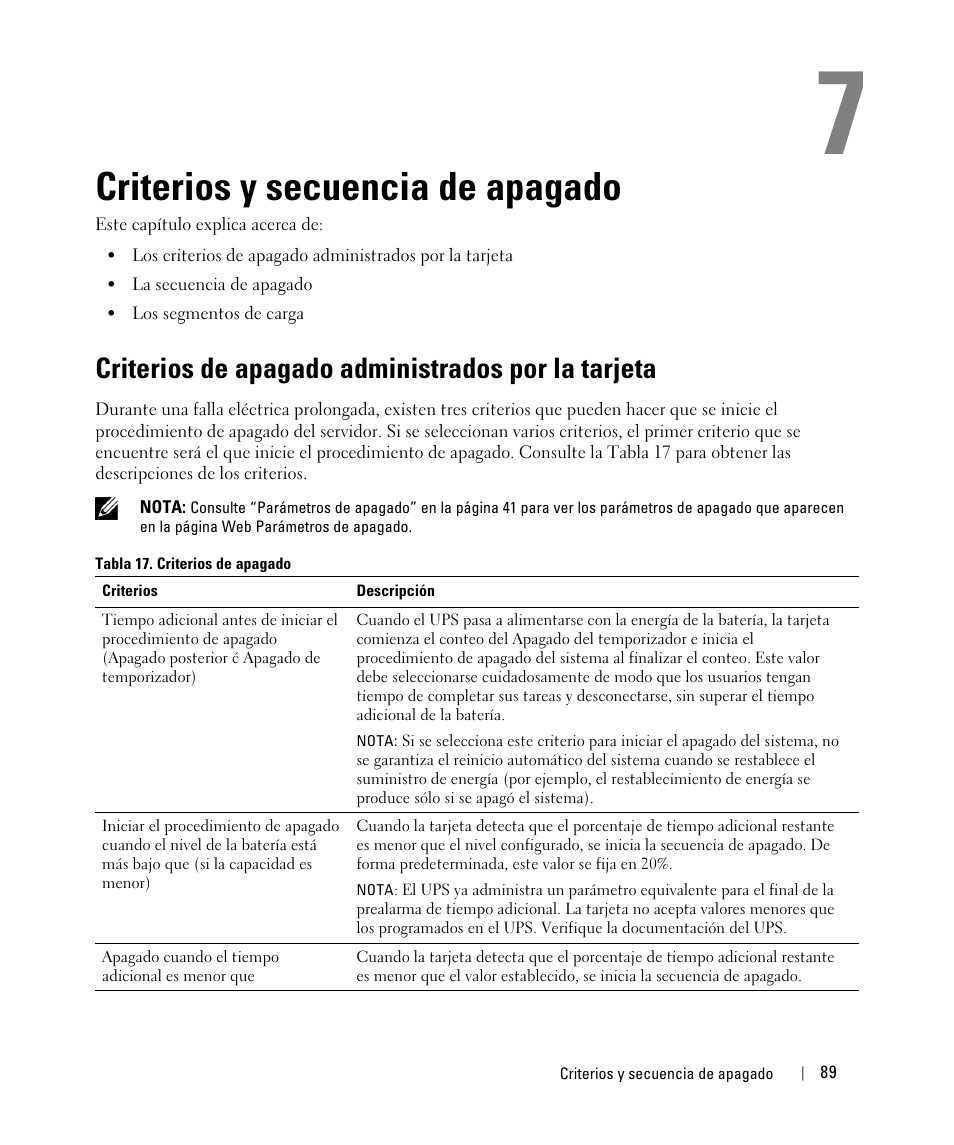 Criterios y secuencia de apagado, Criterios de apagado administrados por la tarjeta | Dell UPS 1920R User Manual | Page 89 / 90