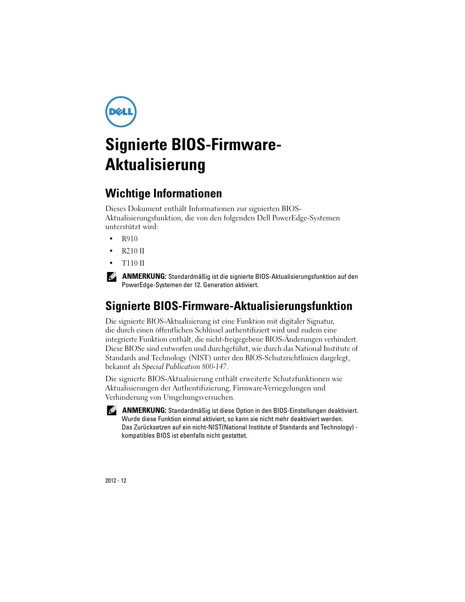 Signierte bios-firmware- aktualisierung, Wichtige informationen, Signierte bios-firmware-aktualisierungsfunktion | Dell PowerEdge T110 II User Manual | Page 13 / 32