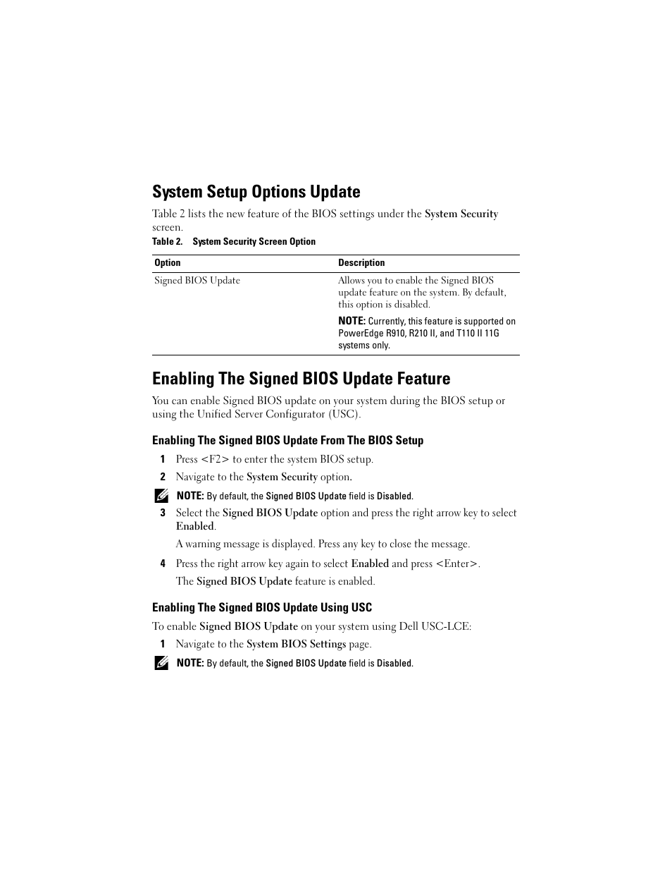 System setup options update, Enabling the signed bios update feature, Enabling the signed bios update using usc | Dell PowerEdge T110 II User Manual | Page 2 / 32