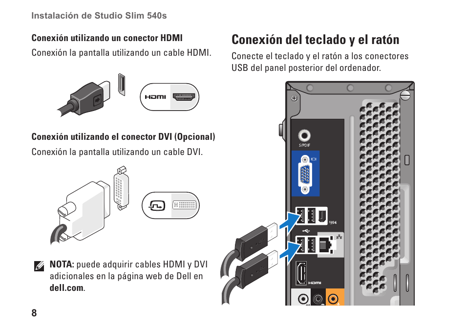 Conexión del teclado y el ratón | Dell Studio Slim D540S (Late 2008) User Manual | Page 10 / 66