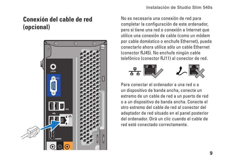 Conexión del cable de red (opcional), Conexión del cable de red (opcional) � � � � � � 9 | Dell Studio Slim D540S (Late 2008) User Manual | Page 11 / 66