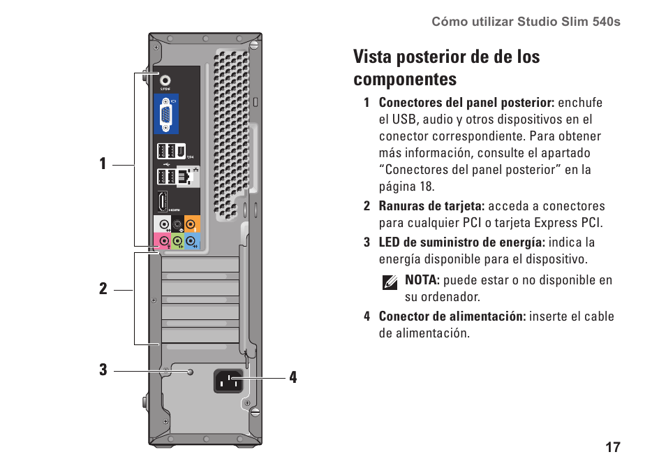 Vista posterior de de los componentes, Vista posterior de de los componentes � � � � 17 | Dell Studio Slim D540S (Late 2008) User Manual | Page 19 / 66