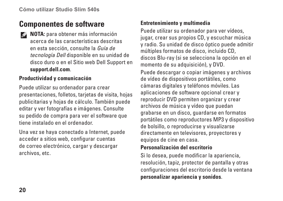 Componentes de software | Dell Studio Slim D540S (Late 2008) User Manual | Page 22 / 66