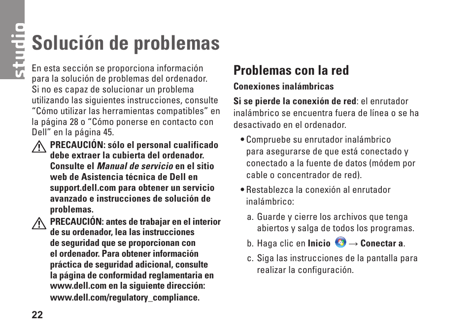 Solución de problemas, Problemas con la red | Dell Studio Slim D540S (Late 2008) User Manual | Page 24 / 66