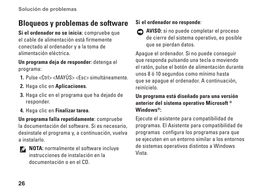 Bloqueos y problemas de software, Bloqueos y problemas de software � � � � � � 26 | Dell Studio Slim D540S (Late 2008) User Manual | Page 28 / 66
