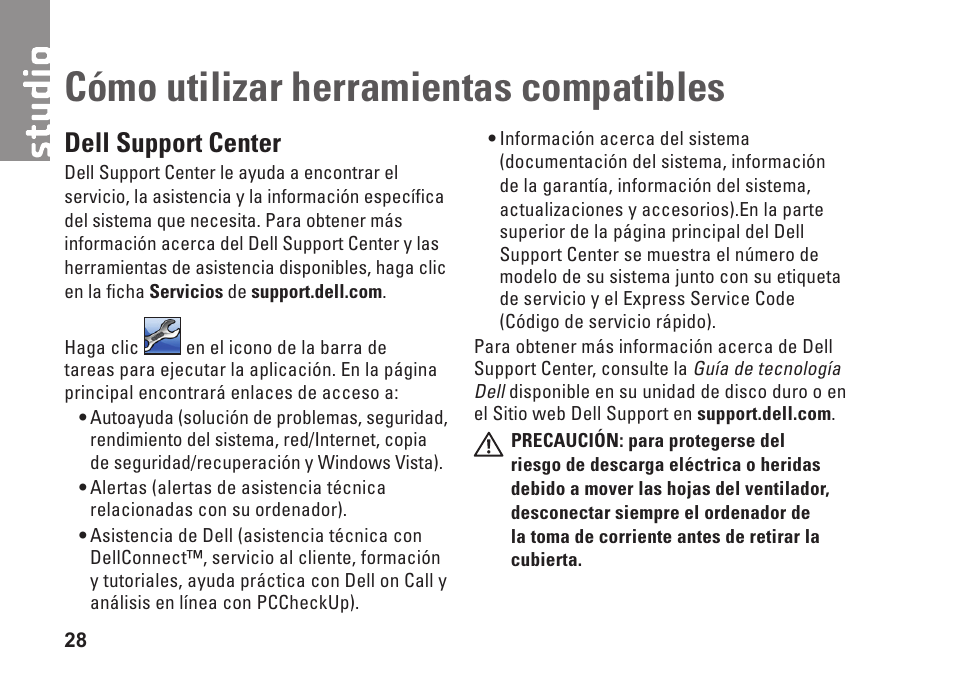Cómo utilizar herramientas compatibles, Dell support center, Cómo utilizar herramientas | Compatibles | Dell Studio Slim D540S (Late 2008) User Manual | Page 30 / 66
